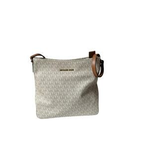 Michael Kors white Jet Set Crossbody MK Logo Canvas Tan Leather Zip w/ Dust Bag